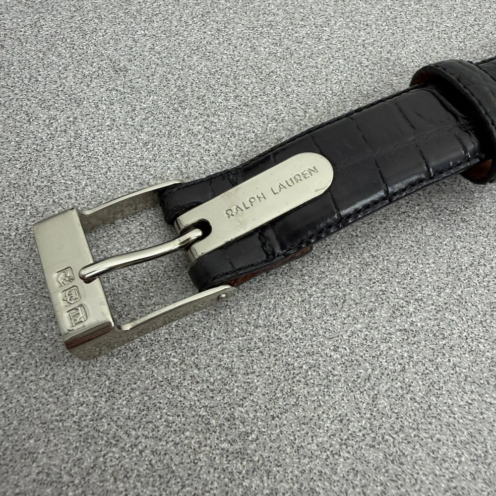Ralph Lauren Belt Womens Small Black Leather Crocodile Embossed Silver Buckle